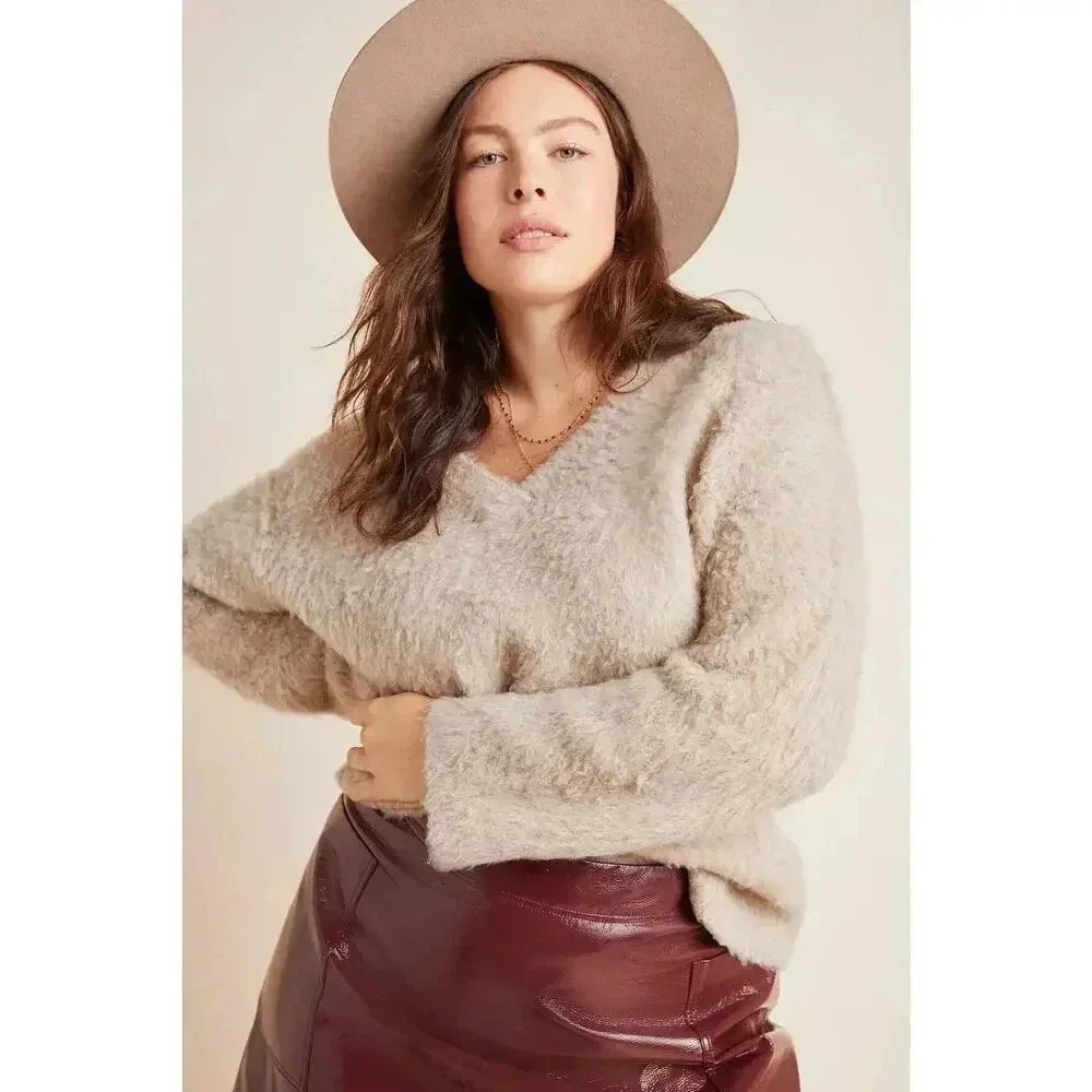 Anthropologie Simome Sweater‎ Merino Wool Alpaca Fuzzy | White Cream | SZ L